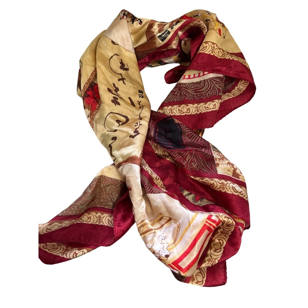 Vintage Asian-Inspired Silk Scarf With Traditional‎ Artwork & Calligraphy